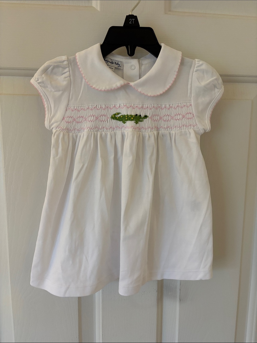 Magnolia: White Smocked Dress with Pink Trim and Green Crocodile